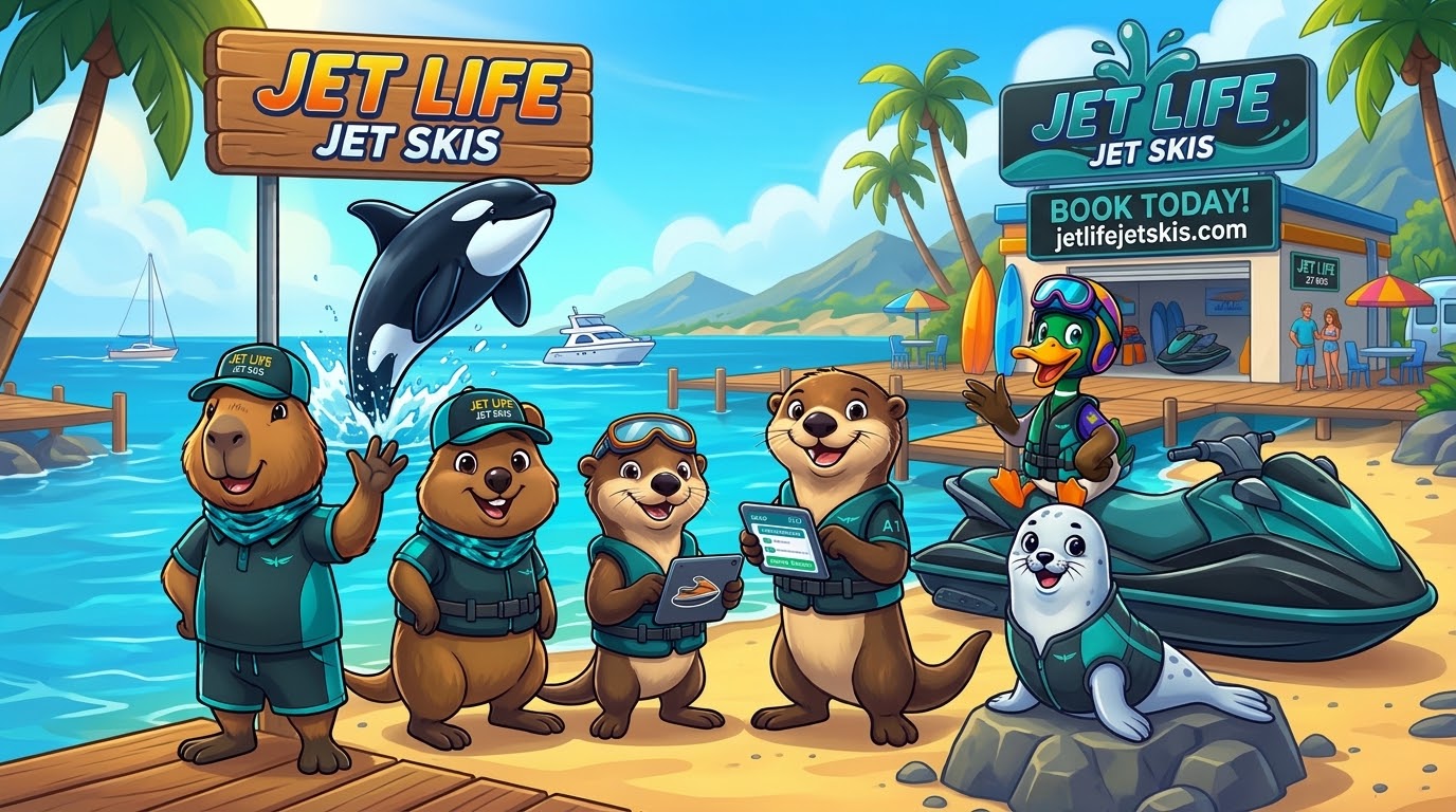 The Jet Life crew of cartoon mascots on the dock: capybara, quokka, otters, duck, seal, and a leaping orca